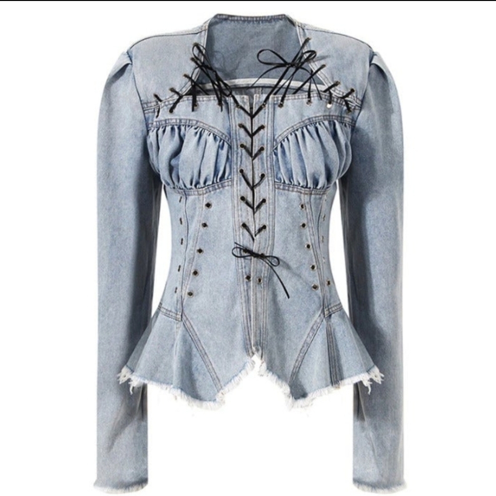 Dream Architect Denim Corset Lace-Up fairycore coquette puff sleeve top